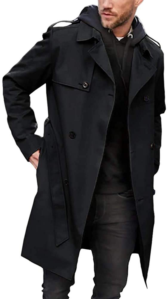 Gafeng Men's Trench Coat Slim fit Double Breasted Belted