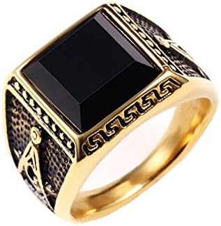 LUZO Jewelry Men's Stainless Steel Vintage Black Onyx Freemason Masconic Ring Biker Symbol