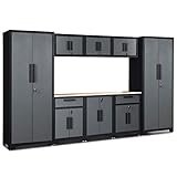 Goplus 9-Piece Garage Storage Cabinet Sets 24 Gauge with Rubber Wood Worktop, Lockers and Shelves Garage Organizer Black and Gray (Gray)