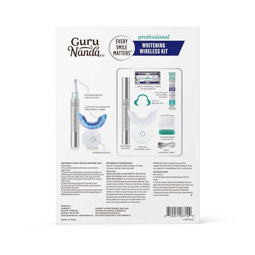 GuruNanda Teeth Whitening Kit - 8% Hydrogen Peroxide Teeth Whitening Gel Pen & Advanced Wireless LED Accelerator Light, Upto 10 Shades Whiter Teeth, Professional Dentist-Inspired System, 40 Treatments