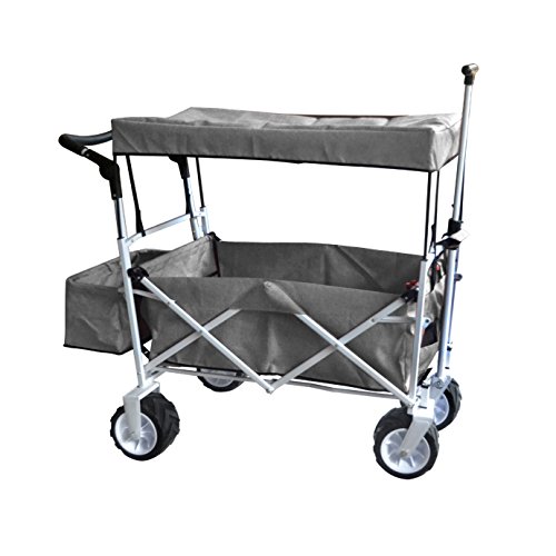 GREY PUSH AND PULL HANDLE FOLDING STROLLER WAGON OUTDOOR BEACH SPORT COLLAPSIBLE BABY TROLLEY W/ CANOPY GRAY GARDEN UTILITY SHOPPING TRAVEL CART - FREE ICE COOLER BAG - EASY SETUP NO TOOL NECESSARY