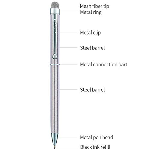 CHAOQ Stylus Pens for Touch Screen iPad, iPhone, Tablets, 2-Pack 2 in 1 Ballpoint Pen and Mesh Fiber Stylus Pens with 6 Extras Replacement Mesh Fiber Tips and 6 Rubber Tips - Silver/Silver