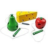 Montessori Activity Wooden 3 Pieces with Cheese and Apple Pears Baby and Kids Wooden Toys Toddler Travel Lacing Game for Plane Car Children Early Learning Educational Wood Block Puzzles boys/girls Abo