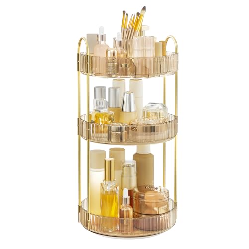 SONGMICS Make-up Organizer drehbar, Kosmetik-Organizer rund, 3 Ebenen, Kosmetik Aufbewahrung, anpassbar, für Schminktisch, Geschenkidee, Champagnergol
