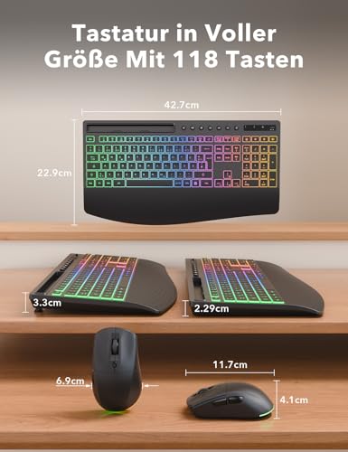 Keyboard Mouse Set Wireless Illuminated Rechargeable Keyboard with 4000 mAh Battery, Phone Holder, Quiet Full Size Typing, 3 DPI Mouse, 2.4GHz USB-A/USB-C for Chrome OS/Window/PC KM22 Ultra