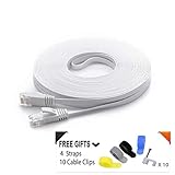 Cat 6 Ethernet Cable 50 ft (at a Cat5e Price but Higher Bandwidth) Flat Internet Network Cable - Cat6 Ethernet Patch Cable Short - White Computer LAN Cable + Free Cable Clips and Straps