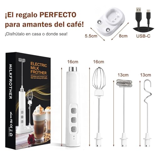 ENGREPO Espumador de Leche Eléctrico Recargable USB, Batidor de Cafe para Hacer Espuma,3 Velocidades con 3 Batidores Acero Inoxidable, Batidor Electrico de Mano Para Capuchino, Latte, Matcha (Blanco)