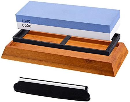 Knife Sharpening Double-Sided (# 1000 / # 6000) Whetstone with Non-Slip Bamboo Base and Angle Guide (One Size)