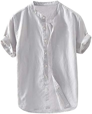 TUDUZ Men Shirts Summer Vintage Solid Grandad Collar Short Sleeve T Shirts Buttons Henley Neck Cotton and Linen Casual Tops Blouse