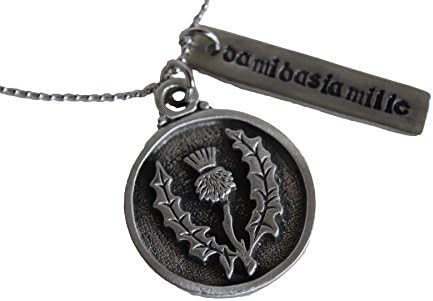 Outlander Inspired Necklace - Pewter Scottish Thistle Pendant with Da Mi Basia Mille on 18 Inch Chain