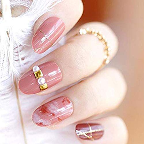 NEW Style Dyeing Pink Gold Glitter Line Rhinestone Pearl Decorated Medium Length Oval Full Cover False Nails with Design 24pcs 12 Different Size