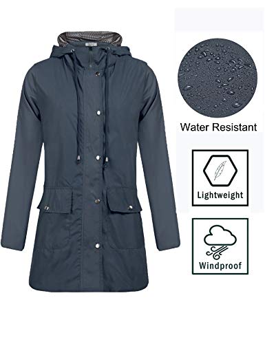 SUNAELIA Rain Jacket Women Waterproof with Stripe Liner Hood Lightweight Raincoat Outdoor Windbreaker Trench Coat S-XXL Navy Blue