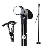 Pivit Adjustable Folding Walking Cane with LED Flashlight | 360 Degree Roller Walk Stick Feet | Premium Foam Handle & Wrist Strap | Foldable Polished Sleek Scratch-Resistant Anodized Aluminum | Black