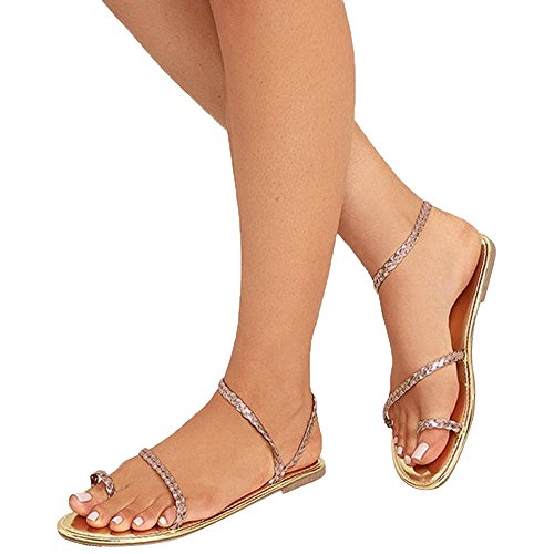 Newest Women's Sandals,Sunyastor Summer Ladies Sandals Cross Strap Flat Ankle Roman Casual Flip Flops Shoes Beach Sandals Gold