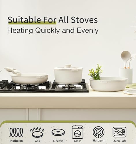 KOCH SYSTEME CS 21 PCS Ceramic Nonstick Cookware Set, Pots and Pans Set with Detachable Handle, Induction Kitchen Cookware Sets Non Stick with Removable Handle, RV Cookware Set, White