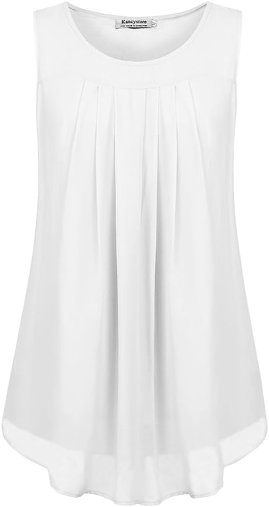 Kancystore Women's Casual Sleeveless Scoop Neck Pleated Chiffon Tunic Tank Tops