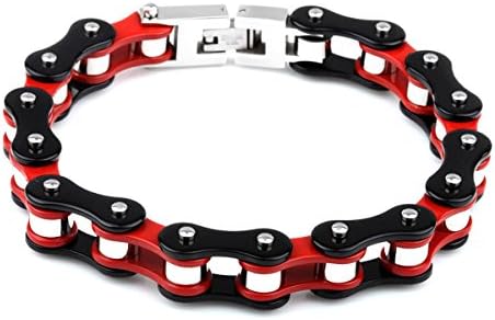 Smarsom Motorcycle Bracelet Heavy-duty Stainless Steel Men's Bycicle Bike Chain Cuff Bracelet Bold and Chunky with Fold Over Clasp(Red+Black)