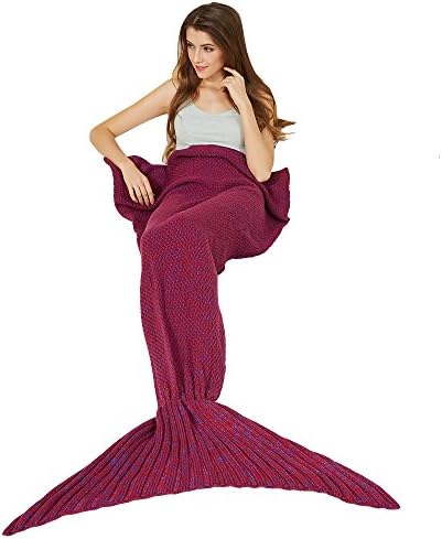 Y-stop Mermaid Tail Blanket with Scale Knit Crochet for adult Kids Girls, Super Warm Soft All Seasons Sleeping Blankets 6 Styles (Length-71", Shark Tail-Wine red)