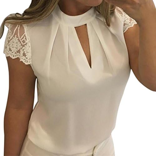 Clearance! OOEOO Women Shirt, Casual Chiffon Blouse Lace Short Sleeve Splice Crop Top