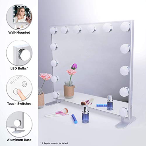 Melur Hollywood Makeup Mirror with 14 LED Lights,Touch Control Large Cosmetic Vanity Mirror with Dimmable Bulbs, Aluminium Frame Tabletop or Wall Mounted Vanity Mirror in Silver