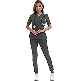 YEZEX Scrubs for Women Set, Medical Scrubs Top and Pants, Women's Jogger Scrub Set with 10 Pockets