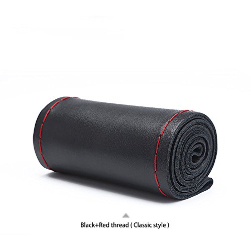 BAVER Genuine Cowhide Full Grain Cow Leather Steering Wheel Cover Stitching Style with Needles Thread kit Hand Sewing DIY (M (14.5"~15.8"), Black+Red(Classic Style))