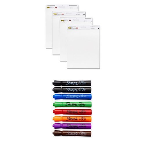 Post-it Easel Pad, 25 x 30-Inches, White, 30-Sheets/Pad, 4-Pads/Pack and Sharpie Flip Chart Markers, Bullet Tip, Assorted Colors, 8-Count Bundle