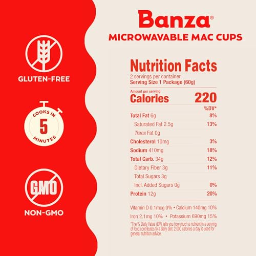BANZA MICROWAVE MAC AND CHEESE CUPS – ELBOWS & CLASSIC CHEDDAR CHEESE – HIGH PROTEIN, GLUTEN FREE, CONVENIENT AND KID FRIENDLY MAC AND CHEESE CUPS 4.2OZ