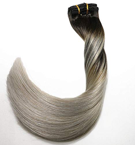 Clip in Hair Extensions 120 G/4.2 Ounce 100% Brazilian Remy Human Hair Extensions 9A Thickened Soft Silky Straight for Fashion Women 7pcs 17clips Full Head(18Inch Ombre Natural Black to Silver Gray)