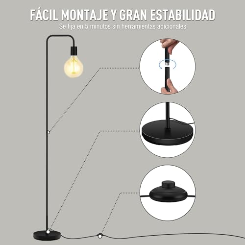LUMOKU Lámpara de pie industrial para sala de estar, socket E26, 152cm, diseño minimalista para iluminación decorativa, para decoración del hogar, recámara, lectura, oficina (bombilla no incluida)