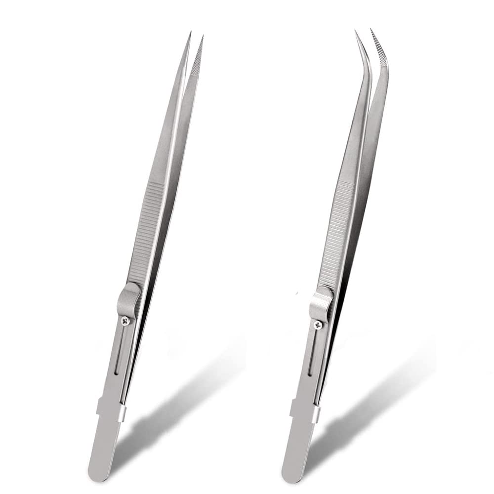 Bestgle 2pcs Precision Tweezers Set, Stainless Steel Slide Locking Fine Pointed Tips Straight and Curved Tip Tweezers for Jewelry Diamond Stone GEM Making Craft