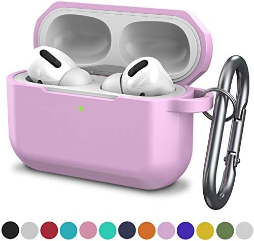 SENMON Silicone Protective Cover for AirPods Pro Case,Full Protection[Visible Front LED] Shock Absorption Anti-Fall Anti-Scratch, Charging Port dust Plug, Carabiner (Light Purple)