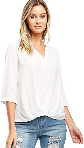 Califul Womens Casual Chiffon Ladies V-Neck Cuffed Sleeve Draped Front Blouse Tops (Medium, BSP02 Off White)