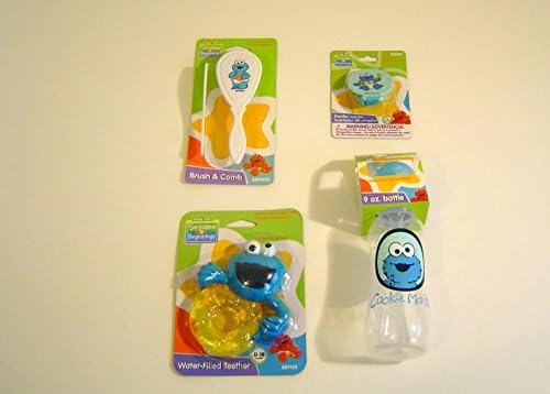 Cookie Monster Baby Bottle, Pacifier Holder, Water-filled Teether Toy, Hair Brush and Comb Set, Sesame Beginnings 4-PC Bundle Great Baby Shower Gift
