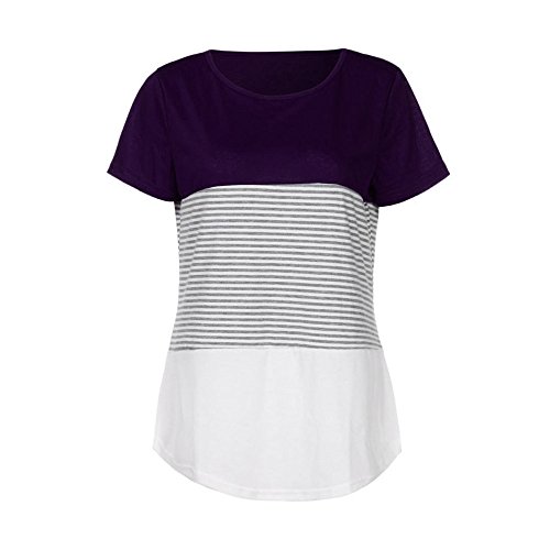 Chanyuhui Women Shirts Plus Size Clearance Casual Stitching Striped Short Sleeve Blouse Tunic Teen Girls Pullover Tops (M, Purple)