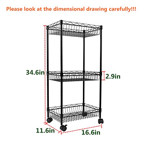 YOHKOH 3-Tier Metal Rolling Utility Cart, Storage Trolley Cart with Mesh Baskets and Lockable Wheels Adjustable Shelves for Bathroom Kitchen Office Black