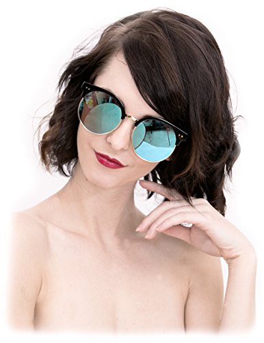 O2 Eyewear 97018 Premium Oversize Cats eye Womens Mens Mirror Funky Flat Sunglasses (BLACK, BLUE/ size L)