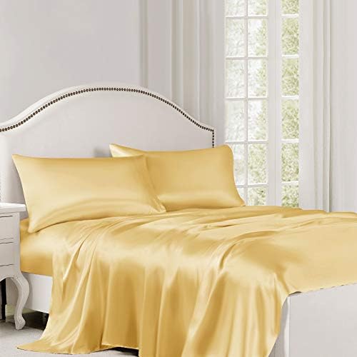ElleSilk Pure Silk Flat Sheet, Silk Sheet, Premium Quality 100% Mulberry Silk, 22 Momme, Naturally Hypoallergenic, King/Cal.King Size, Gold