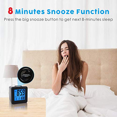 Plumeet Easy Setting Digital Travel Alarm Clocks with Snooze, Blue Nightlight, Large Display Time/Date/Alarm, Ascending Sound Alarm, Batteries Powered (Black)