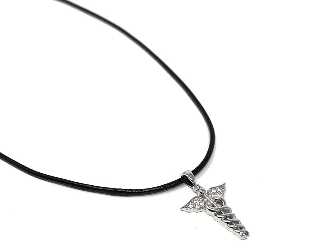 Strictly Gifts Silver Caduceus Pendant with Cubic Zirconia on 41cm Leatherette Necklace