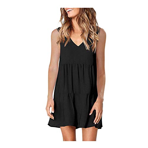 Women Loose Tops Dress – Ladies Casual High Waist Sleeveless Ruffle Hem Dresses – V Neck Mini Dress