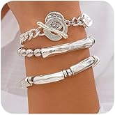 YUEKISEN Silver Bangle Stretch Tube Beads Bracelet Elastic Round Ball Beads Chain Bracelet Chunky Layered Tube Chain Dangle Bracelet with Toggle for Women