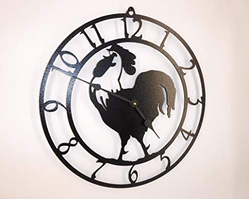 Rooster Wall Clock. 15 Inch Wide. Quartz Movement. Gloss Black Finish. Handmade in America.