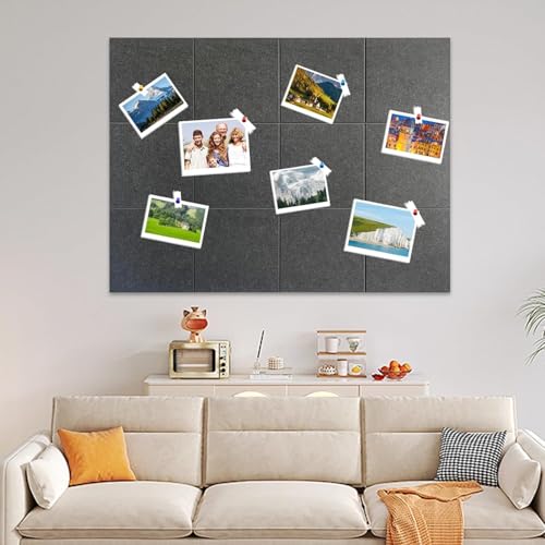Quadro de Cortiça Feltro 120x90, GODREAM Quadro de Aviso, Mural de Recado Fotos Grande, Placa de Cortiça Autoadesivo, Organizador de Parede para Escritório, Casa, Escola, 12 peças (Cinza escuro)