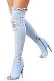 Dellytop Women Long Thigh High Over Knee Open Toe Stiletto Heel Denim Boots