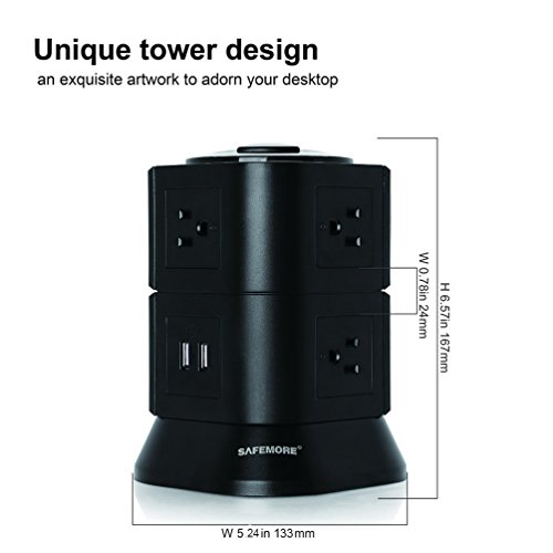 Power Strip with 7 Multiple Plug Outlets 2 USB Ports Tower Surge Protector Desktop Power USB Charging Station for Home & Office (Black)-SAFEMORE - Thumbnail 4