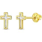 14k Yellow Gold Mother of Pearl Cross Safety Screw Back Earrings For Little Girls & Preteens - Beautiful Religious Cross Earrings For A Young Child's Communion - Elegant Religious Jewelry