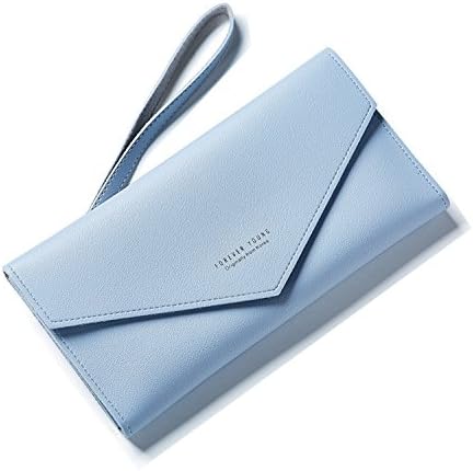 A5juznjanm Luxury PU Leather Wrist Strap Zipper Phone Wallet Women Long Hasp Simple Envelope Thin Wallet Female Purse Light blue
