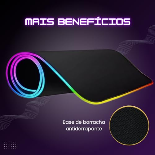 Mouse Pad Gamer RGB Led 80x30 Grande Speed Antiderrapante Base Emborrachada Borda Costurada Ideal para Jogos e Escritório