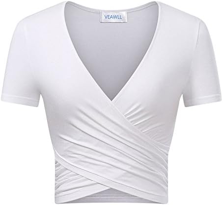 Women Top Crop Sexy V Neck Cross Wrap Tops Short Sleeve Summer Crop Tops White L